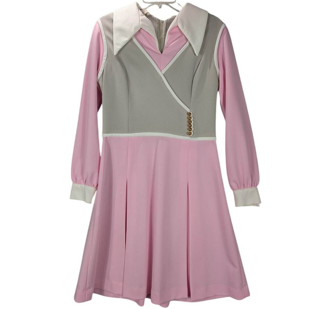 Vintage Dress Womens 16 Pink Gray Long Sleeve Fit and Flare Gold Buttons 1970s